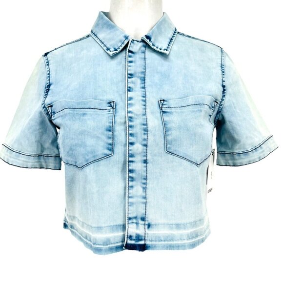 NEW HUDSON Girl Blue Crop Shirt Short Sleeve Raw Hem Snap Button Size Large - Picture 1 of 12